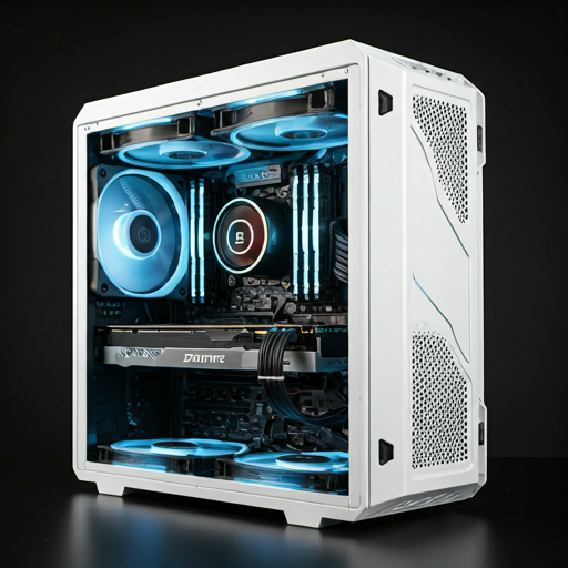 Premium white custom PC build with soft ambient lighting in a bright studio