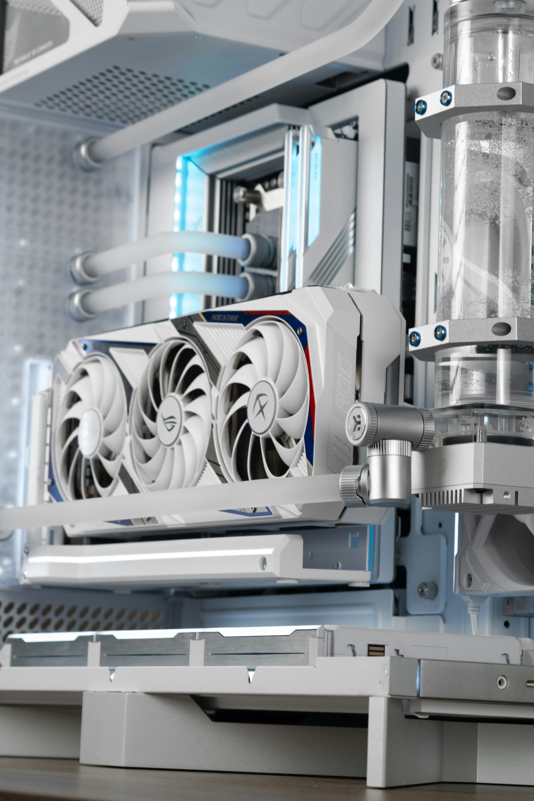 White liquid-cooled PC interior with premium components